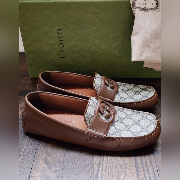 $850 New Gucci GG Interlocking Men Driver Loafer Brown Leather Shoes G 7.5/US 8